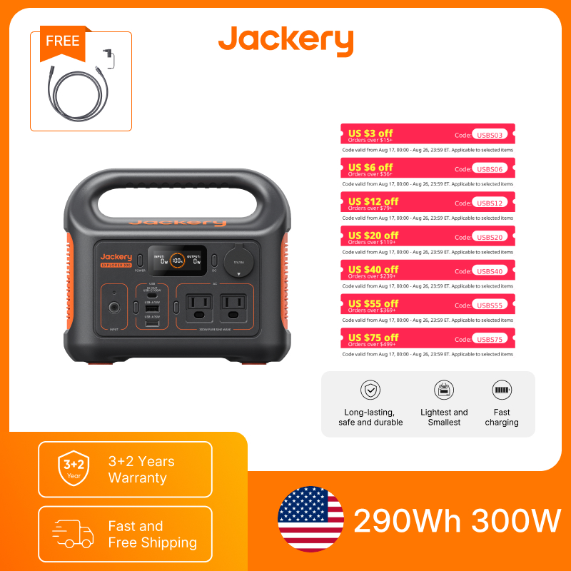 Solar Emergency Charger - Jackery ポータブル電源 エクスプローラー300New 5m延長コード付き、アウトドアキャンプ、旅行用ソーラー発電機